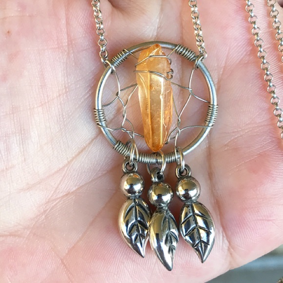 Silverskylight Jewelry - Boho wire wrap orange aura crystal dream catcher